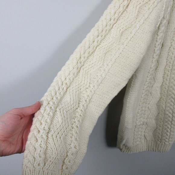 Handknit Sweater Women's Button Up Grandma Cable Knit Cardigan Ivory Wool L 820 - Picture 7 of 11